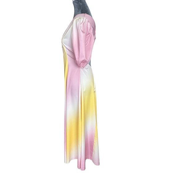 Pastel Pink & Yellow Gradient Puff Sleeve Midi Dress With Open Back Design & But - Picture 4 of 6